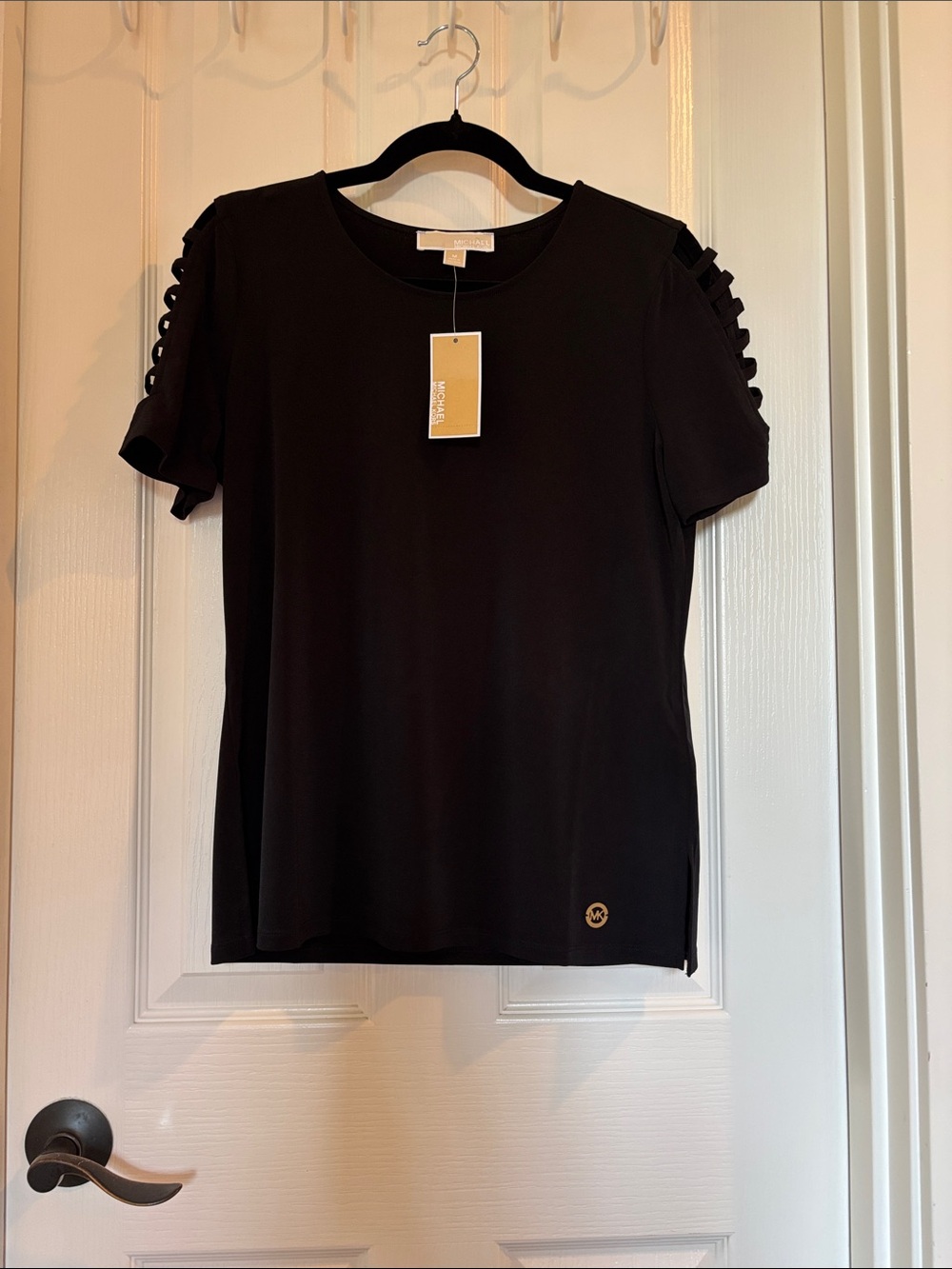 Michael Kors Black Short-Sleeve Top with Ladder Sleeve Detail